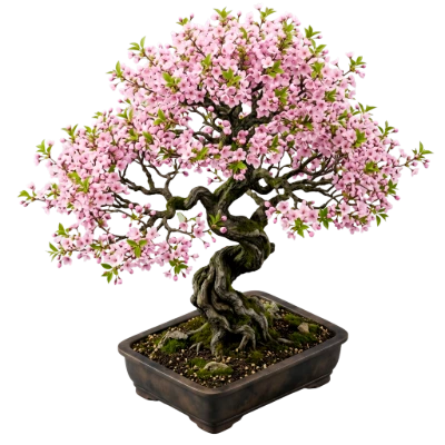 A flowering cherry bonsai in a shallow pot.