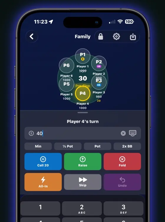 The betting controls: call, raise, fold, all-in, skip and undo beneath one-tap bet sizes.