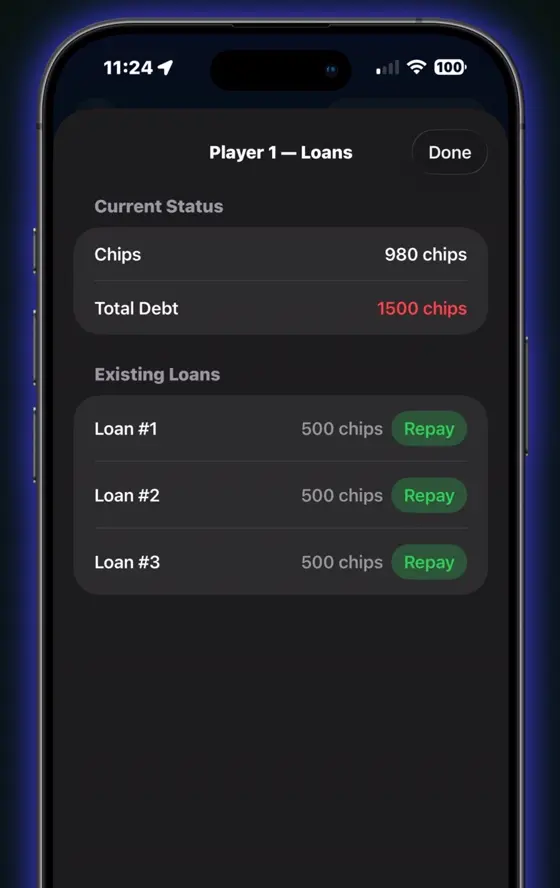 A player's loan sheet: current chips, total debt, and three outstanding loans with repay buttons.