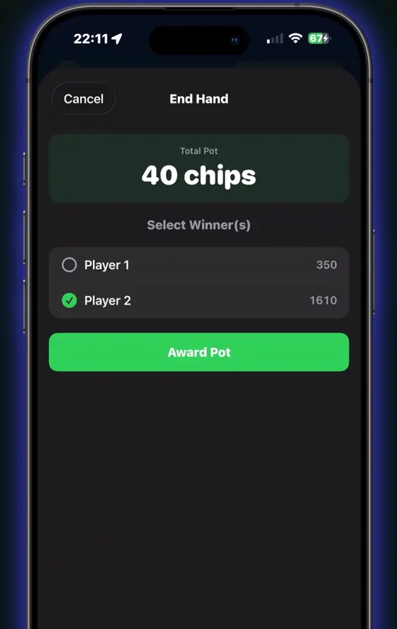 The end-of-hand screen: a 40-chip pot with winners selected, ready to award.