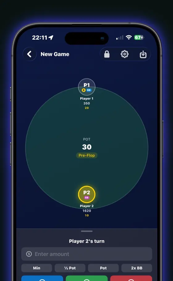 The NoChips table screen: players seated around a circular table with the pot in the middle.