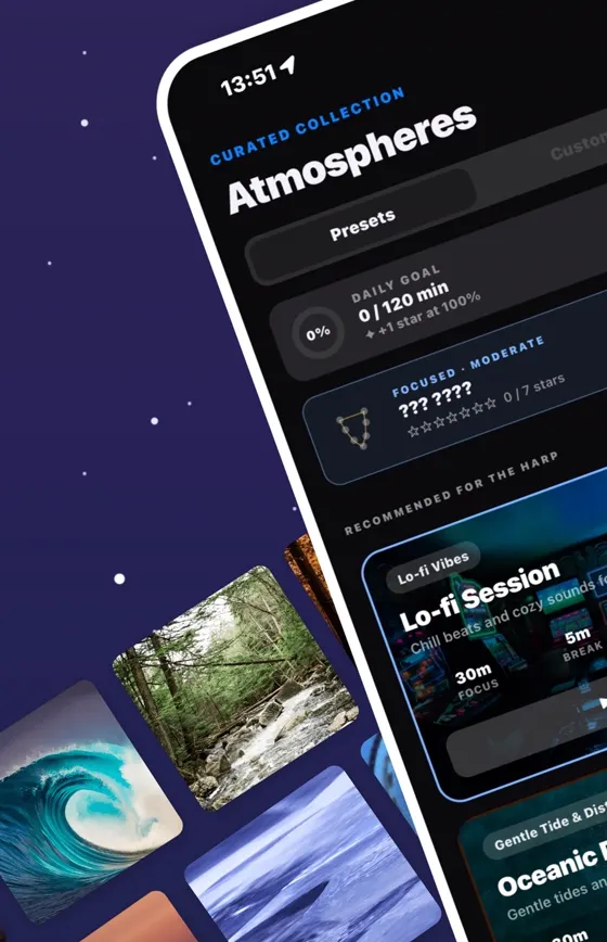 The Atmospheres screen against a starry ground: the curated collection with presets, a daily goal ring, and artwork for the Lo-fi Session and Oceanic soundscapes floating alongside.