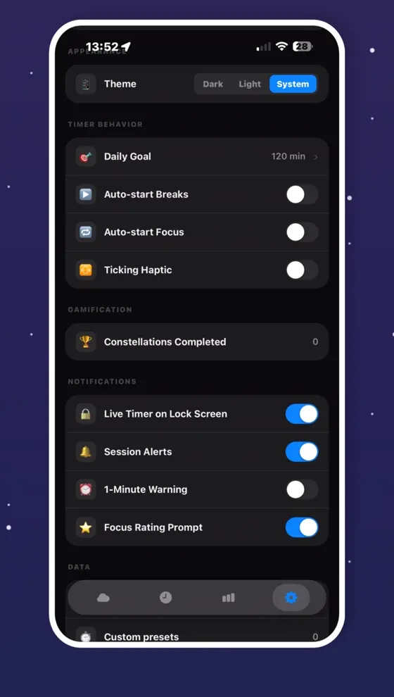 The settings screen: daily goal, auto-start, ticking haptic and notification toggles.