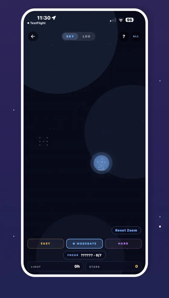The Observatory: a dark night sky with faint stars and a constellation beginning to fill in.